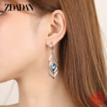 ZDADAN 925 Sterling Silver Hollow Blue Crystal Long Drop Earrings For Women Fashion Wedding Jewelry Gift 3