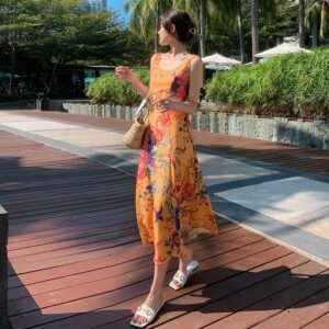 2022 Beach Style Women's Long Dress Loose In Summer Printing Backless Sleeveless Chiffon Camisole Female Clothing A-LINE 1