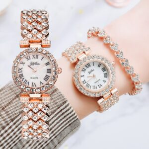 Luxury Women Rose Gold Watch Fashion Ladies Quartz Diamond Wristwatch Elegant Female Bracelet Watches 2pcs Set Reloj Mujer 1