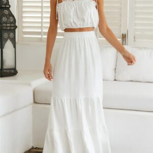 2Pcs Female Bohemian Beach Style Set, Solid Color Strappy Ruffle Short Camisole+ Long Skirt for Summer, White/Orange, S/M/L/XL 1