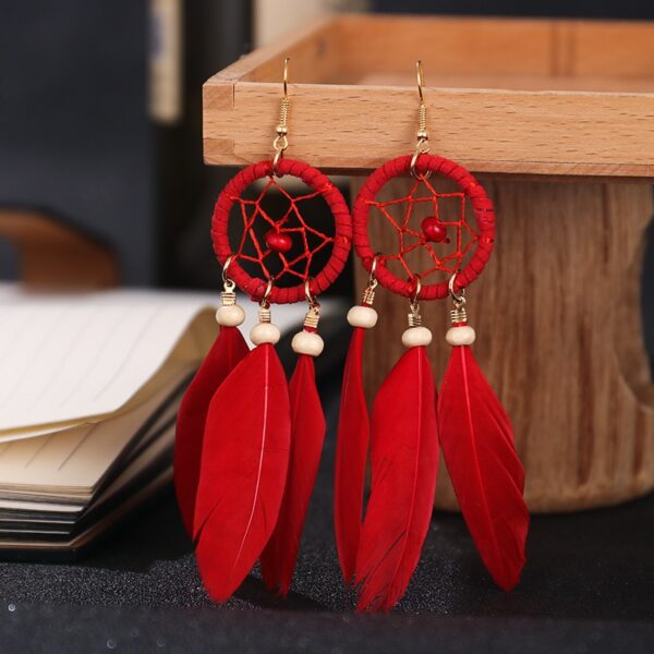 2020 Bohemian Red Dream Catcher Leaf Feather Ladies Earrings Women Summer Indian Jewelry Natural Wood Drop Dangle Earrings 1