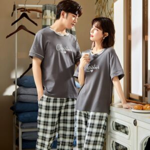 Summer Short Sleeve Pyjamas Lovers 100%Cotton Couple Pajama Sets Women/Men Sleepwear Striped Nightgown Big Size Home Clothes 2