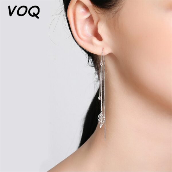 VOQ 925 Sterling Silver Leaf Earrings Tassel Drop Earrings Ladies Wedding Fashion Jewelry Gift 1