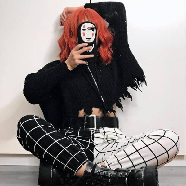Emo Plaid Patchwork Trousers Streetwear Egirl Black and White Checkerboard Cargo Pants Women Joggers Clothes Hight Waist Alt Y2k 4