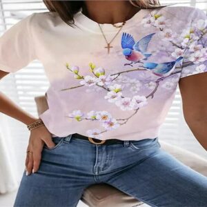 Flower and bird pattern women's short-sleeved top daily casual 2022 summer new O-neck oversized T-shirt 1