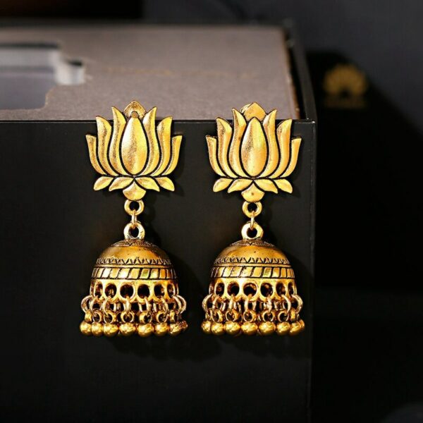Egypt Vintage Gold Silver Color Lotus Jhumka Bells Tassel Earrings For Women Turkish Tribal Gypsy Indian Jewelry 2