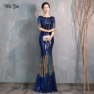 wei yin AE0370 Blue Evening Dress Long Sparkle Half Sleeve O-Neck Women Elegant Sequin Mermaid Maxi Evening Party Gown Dress 1