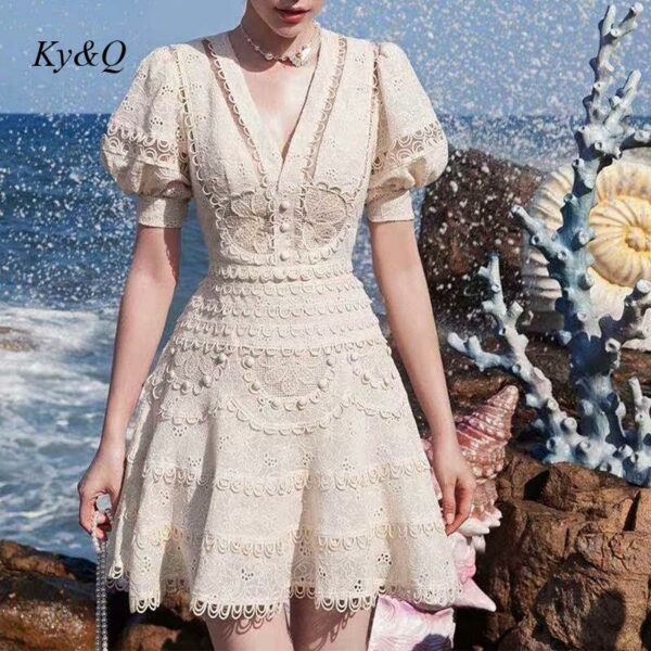 Vietnam Luxury Brand Fairy Beige Hollow Out V-Neck Bubble Sleeve Dress Woman 2021 Summer New Vintage Temperament Dresses 1