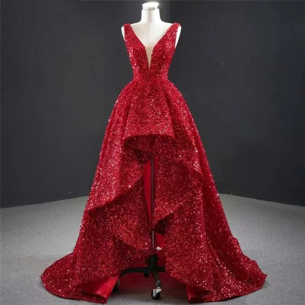 On Zhu Glamorous Red Sequin High And Low Evening Gowns Elegant Long Luxury V-neck 2022 Party Dress Dubai robe de soirée femme 1