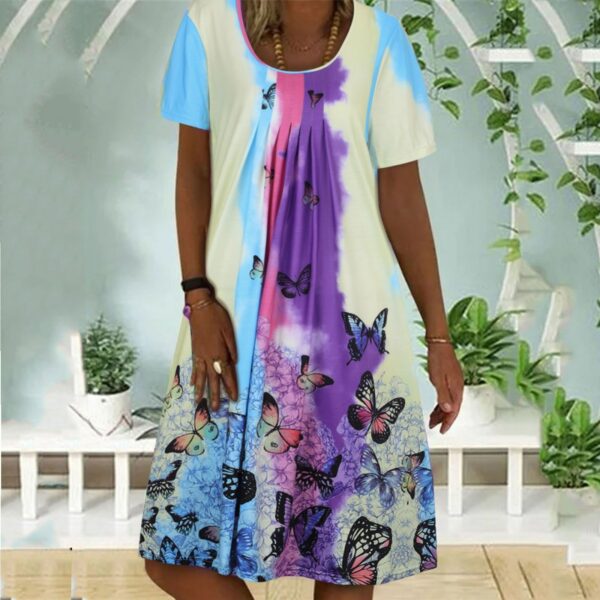 Vintage Dresses For Women Casual Women Fashion Dazzling Butterfly Print Round Neck Short Sleeve Dress Платья Летние Лёгкие #T3G 3