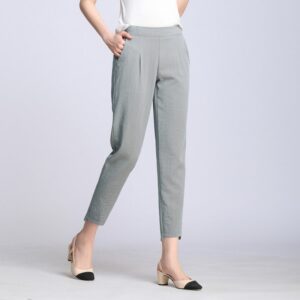 New Women Casual Harajuku Spring Summer Plus Size Trousers Solid Elastic Waist Cotton Linen Pants Ankle Length Harem Pants 1