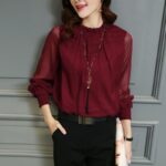 Chiffon Blouse New Women Tops Long Sleeve Stand Neck Work Wear Shirts Elegant Lady Casual Blouses women's blusas Plus size 4