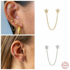 Aide 925 Sterling Silver Crimped White Zircons Star Stud Earrings For Women Double Star Studs Chain Tassel Piercing Earrings 1