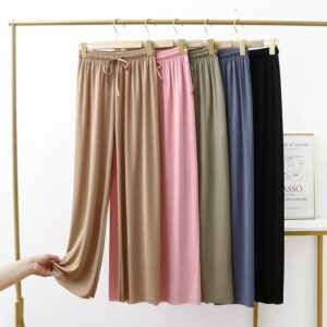 Women Summer Thin Ice Silk Knit Trousers Seamless Drape Wide Leg Loose Pants Casual Elastic Waist Big Size Pants 1
