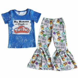 Wholesale Fall Wear Fashion Kids Letter Clothes Set Baby Toddler Girls Outfit Children Spring Boutique Blue Tie Dye Bells Pants 2