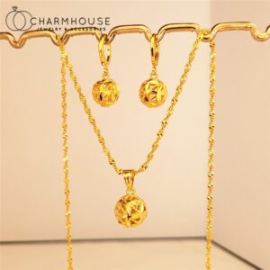 24K Yellow GP Jewelry Sets For Women Round Ball Bead Pendant Necklace Earrings 2 pcs African Gold Jewelry Set Accessories Bijoux 1