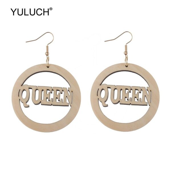 YULUCH 2019 Ethnic Big Round Wooden Hollow Letter Queen Drop Earrings African Wood Chip Pendant Earrings For Women Lady Girls 5