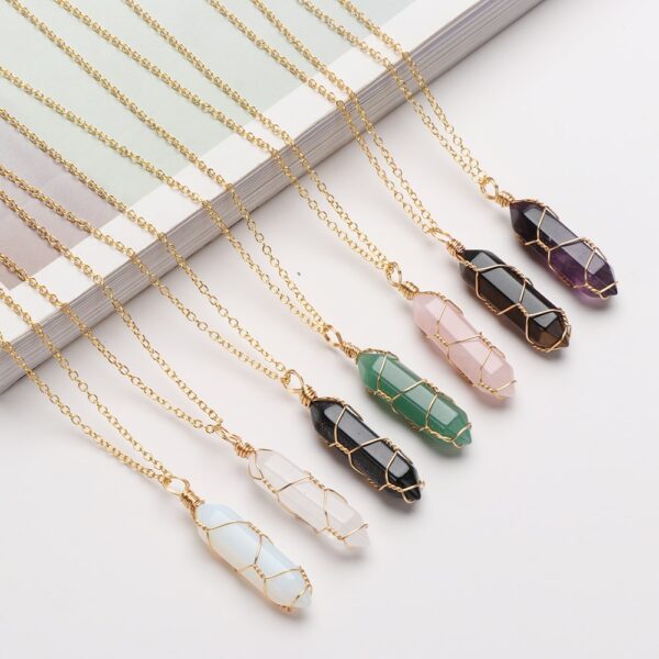 2022 Hexagonal Cylindrical Crystal Necklace Natural Stone Pendant Wire Wrap Stone Necklace for Women Men Fashion Jewelry 3