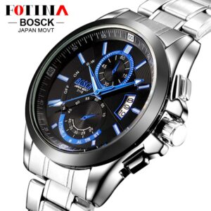 FOTINA Top Brand BOSCK Casual Business Watch Men Stainless Steel Water Resistant Quartz Clock Auto Day Date Watches Montre Homme 1