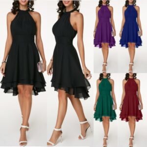 Women's Dress Elegant Halter Sleeveless Cropped Layered Midi Dress Summer Chiffon Solid Color High Waist Slim-Fit Party Dresses 1