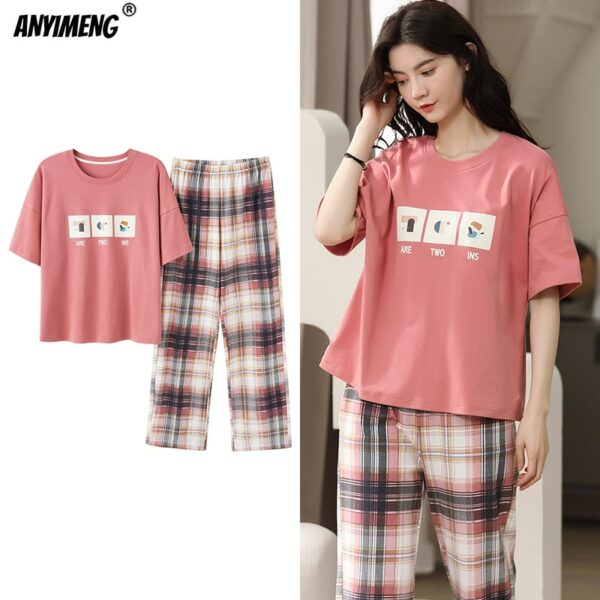 New Sleepwear Cartoon Cotton Pajamas for Women Long Pants Short Sleeved Summer Spring Loungewear Fashion Home Clothing Homewear 5