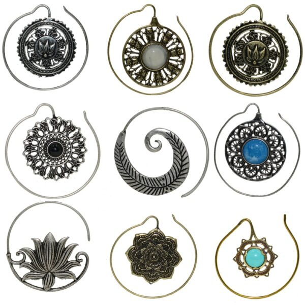 PAIR Ear Weight Plug Charming Lotus Flower Vintage Surya Hoop Fashion Brass Tribal Indian Spiral Drop Earring Piercing Jewelry 2