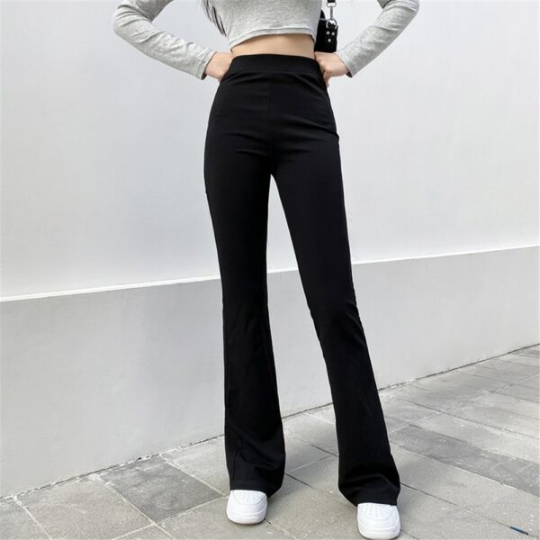 All-Match Women Fashion Elastic Waist Black Flared Pants Solid Color High Waist Wide Leg Trousers Casual Hipster Streetwear 1