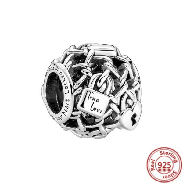 925 Sterling Silver Openwork Padlock Lock Heart Key Pendant Beads Fit Original Pandora Charm Bracelet Necklace Women Jewelry DIY 2