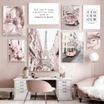 Paris Poster Pink Modern Canvas Painting Print Flower Bicycle Tower Coffee Wall Art Decoration Room Wall Pictures for Home Decor 1