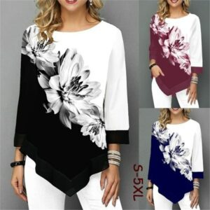 Fashion Women New Spring Shirts Floral Print Irregular Hem Blouse 5XL Big Size Women Clothing Casual 3/4 Sleeve Shirt Oversized 1