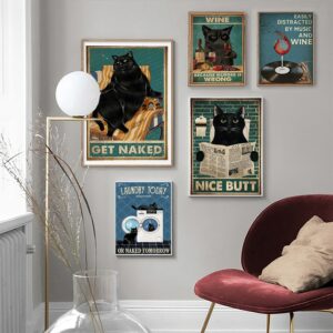 Black Cat Poster Vintage Get Naked Funny Bathroom Napkin Kitchen Painting Wall Art Decoration Kawaii Room Decor Canvas Poster 2