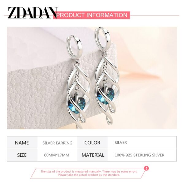 ZDADAN 925 Sterling Silver Hollow Blue Crystal Long Drop Earrings For Women Fashion Wedding Jewelry Gift 6