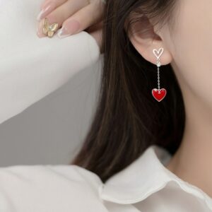 Fashion Women Jewelry 925 Sterling Silver Red Asymmetric Love Earrings Sweet Peach Heart Earrings For Wedding Party 1