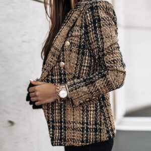 2022 New Women Long Casual Blazer Jacket Spring Autumn Fashion Double Breasted Tweed Check Blazer Coat Vintage Pocket Outerwear 2