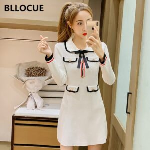 BLLOCUE 2019 Autumn Winter High Quality Knitted Dress Fashion Women Hit Color Turn-Down Collar Long Sleeve Bow Black Knit Dress 1