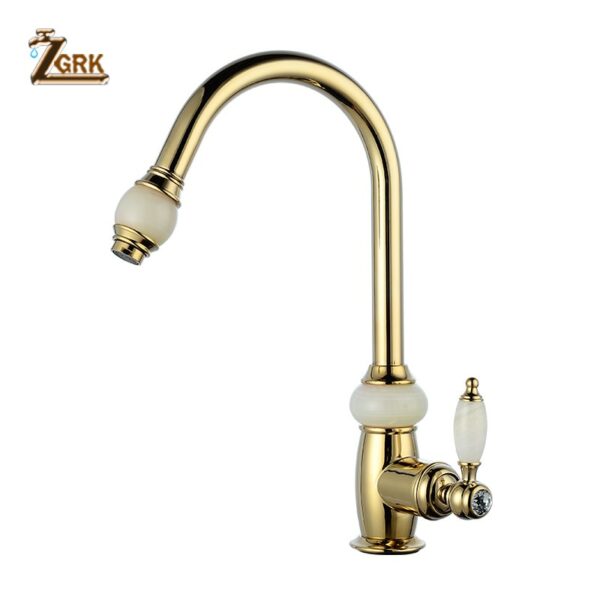 ZGRK European Style Natural Jade Kitchen Faucet Pull Out Hot Cold Water Brass Golden kitchen Mixer Taps SLT078S 2