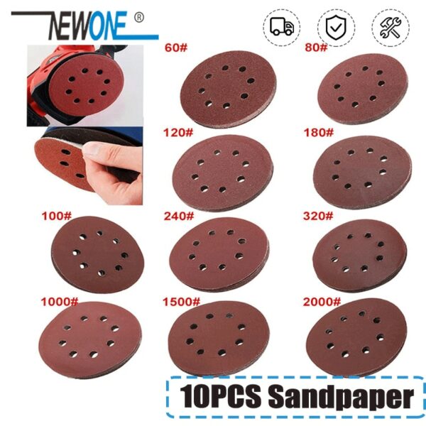 10pcs 125mm 5" Hook Loop Sanding Discs 8 Hole Sandpaper Pads Set 40Grit-3000Grit Sander Disc Abrasive Polishing Tools 1