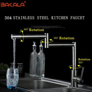 BAKALA 304 Stainless Steel Lead-free Folding Kitchen Faucet Mixer 360 Degree Swivel Single Handle Nickel Kitchen Sink basin Taps 2