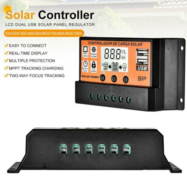 10A/20A/30A/40A/70A/100A Auto Solar Charge Controller LCD Dual USB Solar Panel Regulator Dual USB Voltage Charger 12V24V Power 6