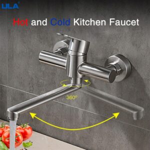 ULA Kitchen Faucets Stainless Steel Wall Mounted Dual Hole Bathroom 360 Rotate Basin Faucet Cold Hot Water Sink Crane Mixer Taps 1