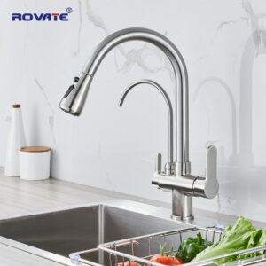 ROVATE Filter Kitchen Faucet Pull Down with Drinking Water Tap, High Arc Water Filter Purifier 3-Way Sink Tap Mixer 1