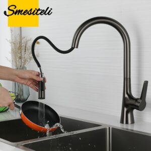 Smesiteli Gun Gray Brass Single Hole Deck Mounted 360 Degree Rotation Kitchen Pull Out Brass Faucet Hot And Cold Water Sink Taps 1