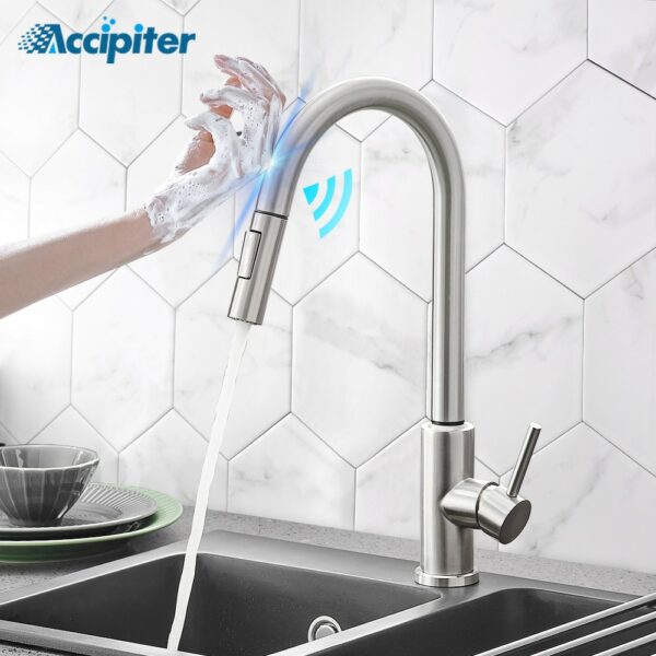 Pull Out Brush Nickel Sensor Kitchen Faucets Hot And Cold Sink Faucet Kitchen Mixer Touch Control Sink Tap ברז מטב  ברז לכיור 1