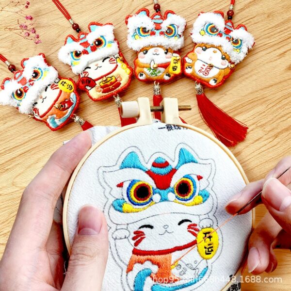 Dancing Lion Cross Stitch Lucky Diy Embroidery Tassel Omamori Needle Minder Kit Threads Knitting Fabric Needlework Decor Jewelry 1