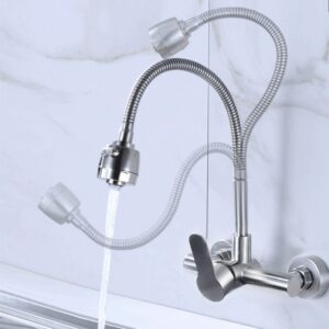Wall Mounted Stream Sprayer Kitchen Faucet Single Handle Dual Holes SUS304 Stainless Steel Flexible Hose Kitchen Mixer Taps 2