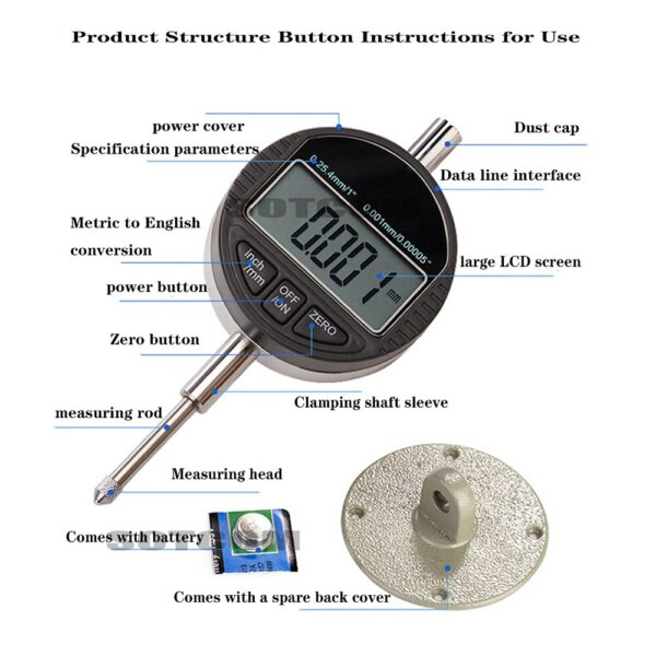 Digital Display Dial Indicator, Dial Indicator, Cnc Machining Center Electronic Digital Indicator 0-12.7/0-25.4/50/100mm 5