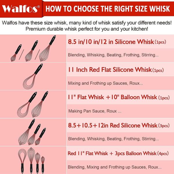 WALFOS Silicone Whisk Stainless Steel Wire Whisk Heat Resistant Kitchen Whisks for Non-Stick Cookware 6