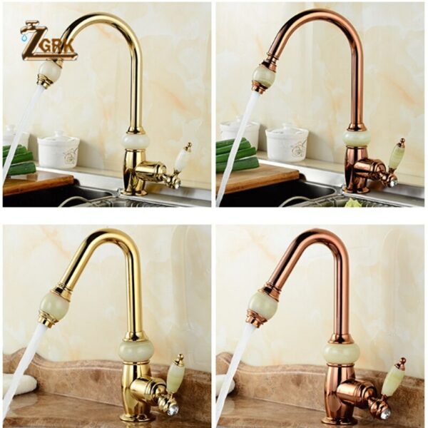 ZGRK European Style Natural Jade Kitchen Faucet Pull Out Hot Cold Water Brass Golden kitchen Mixer Taps SLT078S 6
