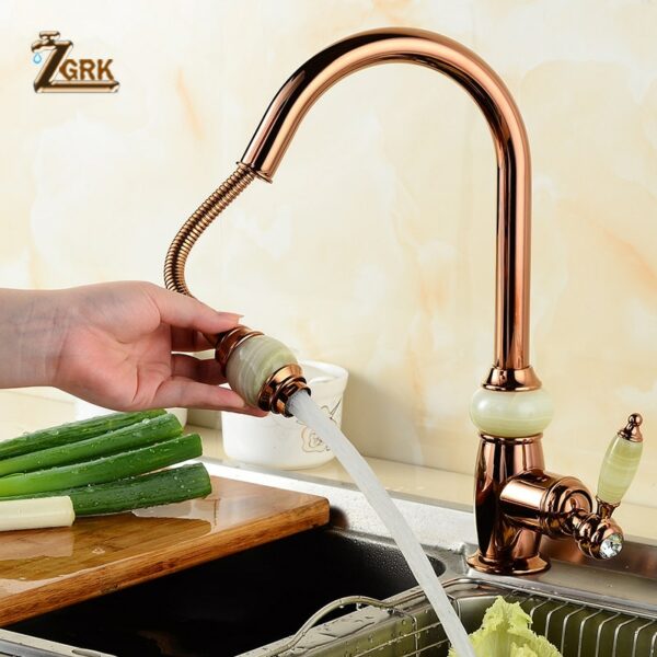 ZGRK European Style Natural Jade Kitchen Faucet Pull Out Hot Cold Water Brass Golden kitchen Mixer Taps SLT078S 1
